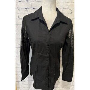 Neiman Marcus Black Cotton Blend Long Sleeve Button Down With Sheer Shoulders S